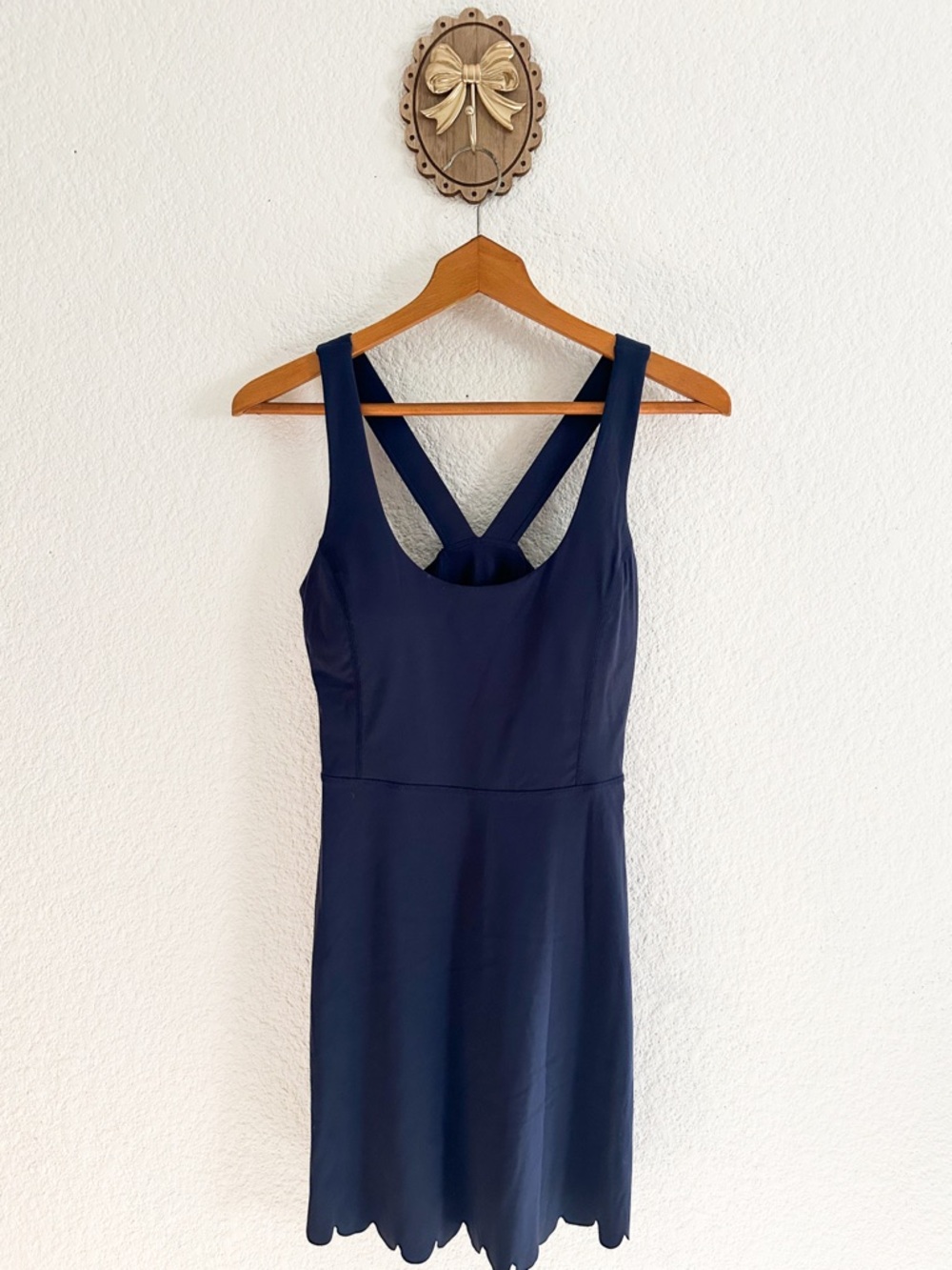 Tano Navy Cross-Back Scallop-Hem Mini Dress